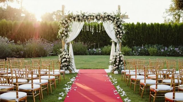 wedding ceremony setup gold chiavari chairs white cushions floral aisle video
