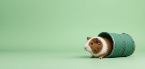 A charming brown and white guinea pig peeks curiously out of a green tunnel toy, set against a soft, pastel green background, capturing a moment of exploration and play.
