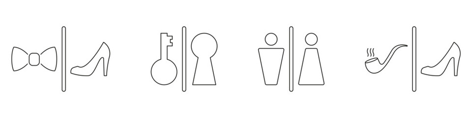 Bow Tie, Key, Gender Symbols, Pipe and High Heel Line Icon Set. Gender Differentiation Outline Symbol Collection. Set of Male and Female Restroom Icons. Editable Stroke. Isolated Vector Illustration