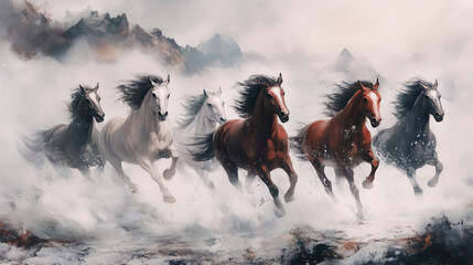 Horses gallop outdoors, with great momentum. Chinese ink - wash painting.
