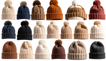  collection of knitted hats. each with a pom-pom on top. displayed in a grid format the hats vary in color. showcasing a range of earthy tones and vibrant shades. making them suitable for winter isola