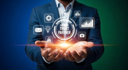 Glowing trust partner concept A modern blue suit inviting hands present icons Technology meets a promise of confidence