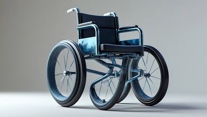 Modern wheelchair standing alone on gray background, representing mobility aids and accessibility solutions.