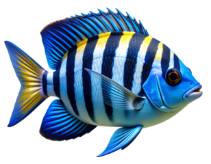  Abudefduf  saxatilis Striped Tropical Fish Species Illustration, Isolated on Transparent Background PNG