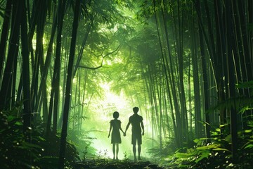 High Resolution Picture of Couple in Bamboo Forest Backview