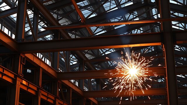 Industrial metal framework with welding sparks, highlighting precision and dynamic construction work.