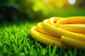 Sunny Yellow Garden Hose Coiled on Lush Green Grass, Ready for Watering.  A cheerful summer scene perfect for spring and summer themes, evoking warmth and joy.