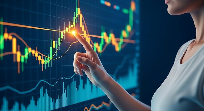 Focused analyst with a poised hand guiding financial growth glowing data lines trace trends against a deep teal screen