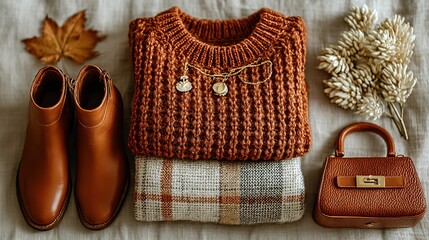 Autumn Fashion Flatlay with Rust Cable-Knit Sweater, Gold Shell Necklace & Leather Boots on Beige Fabric (Cozy Fall Styling Concept)