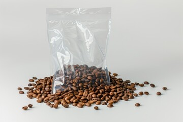 Flawless Visual of Coffee Beans in a Plastic Bag on a White Background