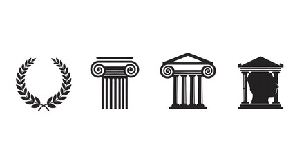 Ancient Greek Symbols Isolated on White, Featuring a Wreath, Columns, and Building,Iconic Greek Motifs: Laurel Wreath, Column, Temple and Philosopher Silhouette