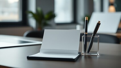Minimalist office desk with a blank notecard and pen holder, featuring soft overhead lighting.