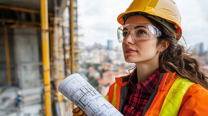 Female construction worker in safety gear holds blueprints, looking thoughtfully