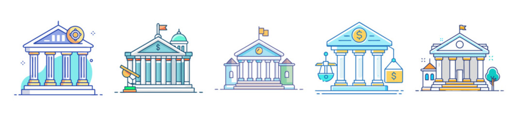 Stylized Line Art Illustrations of Bank Buildings with Various Landmarks and Details