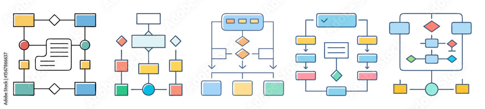 Poster colorful flowcharts diagrams and information architecture illustrations representing business proces