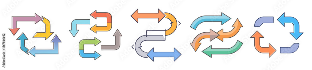Poster different styles of colorful process flow diagram arrows in looped formations