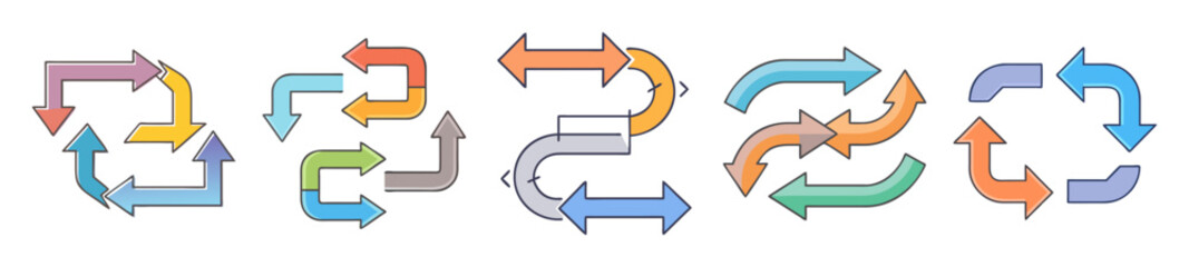Different styles of colorful process flow diagram arrows in looped formations