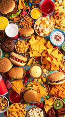 A vibrant display of fast food, snacks, and colorful treats, perfect for a feast or party atmosphere.