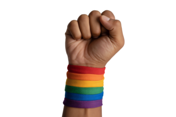 a clenched fist adorned with a rainbow wristband, symbolizing strength, solidarity, and the ongoing fight for LGBTQ+ rights