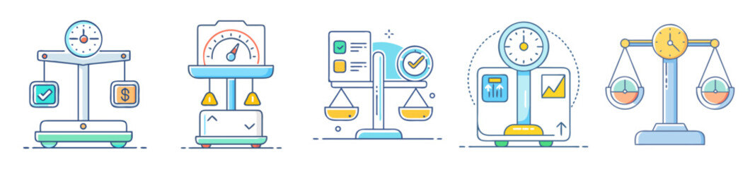 Diverse set of scales representing time, value, compliance and performance in balance