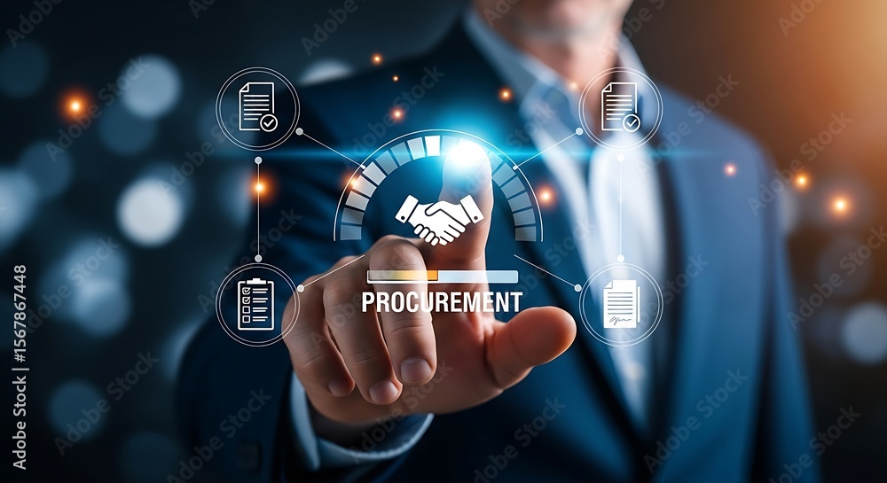 Poster illuminated touch a business professional selects a glowing handshake icon navigating procurement ag