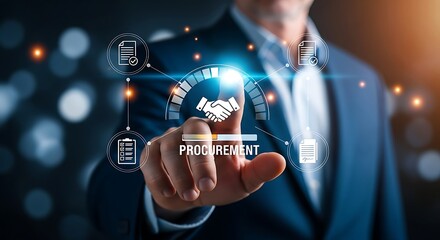 Illuminated touch A business professional selects a glowing handshake icon navigating procurement against a bokeh lit