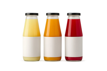 Three clear glass bottles with black caps stand neatly in a row against a clean, beverage branding, juice products, or other liquid packaging designs.