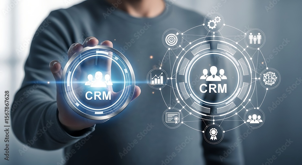 Poster sleek digital crm interface glows held gently by a man s poised hand promise of streamlined efficien