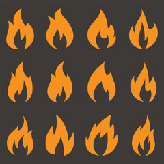 Fire flames, set vector icons isolated on white background