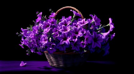A basket filled with flowers, rendered in deep ultraviolet hues, emphasizing vivid purples and striking contrasts