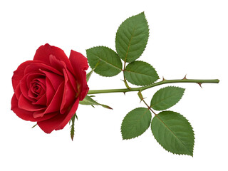 A single red rose with green leaves and thorns on a transparent background isolated on transparent background