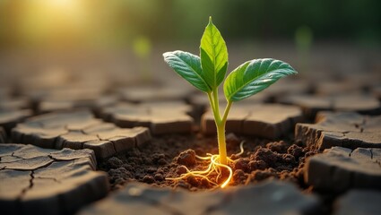 Hope and Renewal – Young Plant Growing from Drought-Cracked Earth