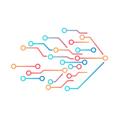 symbol of interconnected dots and lines, network or circuit, brighter and more energetic colors. dynamism, connectivity and data flow in the world of technology