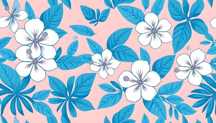 Tropical Hawaiian Floral Pattern on Pink Background