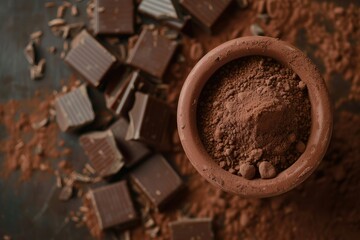 High Quality Visual of Top View of Chocolate with of Bowl of Cocoa Powder