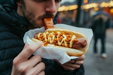High Detail Picture of Man Eating Street Food Street Hotdogs