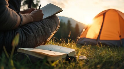 minimal camping lifestyle, solo camper writing journal near small tent, peaceful natural setting