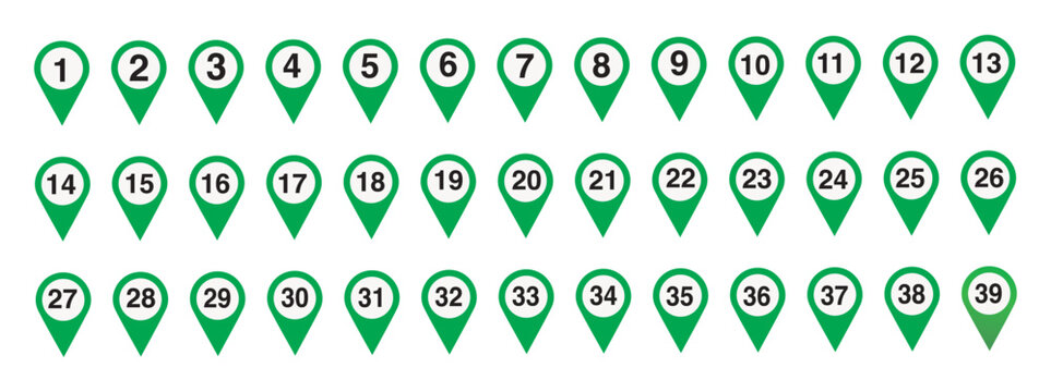 Collection of numbered green location pins from one to thirty nine