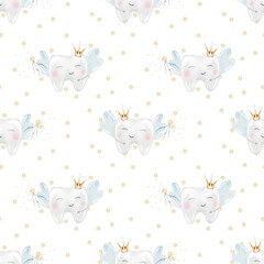 Baby tooth watercolor seamless pattern. Cute cartoon molar with crown and a magic wand on isolated white background. Dental clip art. Ideal for cards and invitations to the party baby's first tooth
