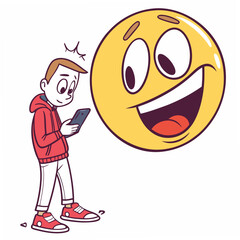 Boy looking at phone with giant emoji technology communication