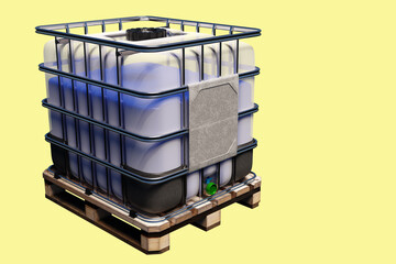 IBC tank. Plastic container on pallet. Insulated IBC barrel. Tank for liquid transportation. IBC in...