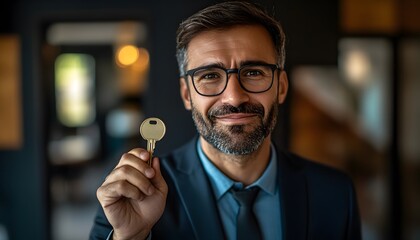 Confident Businessman Holding Key in Modern Office Setting