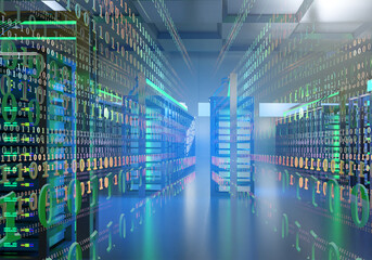 Server technologies. Data center. Server room interior. Binary code near network equipment. Servers for training artificial intelligence. Hosting provider equipment. It ai infrastructure. 3d image