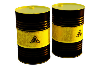 Barrels with radioactive fuel. Black and yellow tanks are isolated. Barrels with nuclear products....