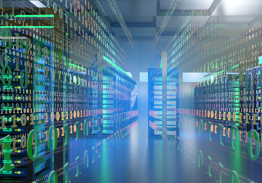 Server technologies. Data center. Server room interior. Binary code near network equipment. Servers for training artificial intelligence. Hosting provider equipment. It ai infrastructure. 3d image - Powered by Adobe