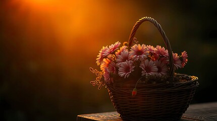 The moody photo depicts a basket of flowers lit by warm golden hour light, providing low contrast and soft lighting.