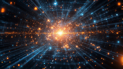 Dive into a futuristic digital space, showcasing interconnected network lines and glowing nodes, ideal for tech designs and modern backgrounds.