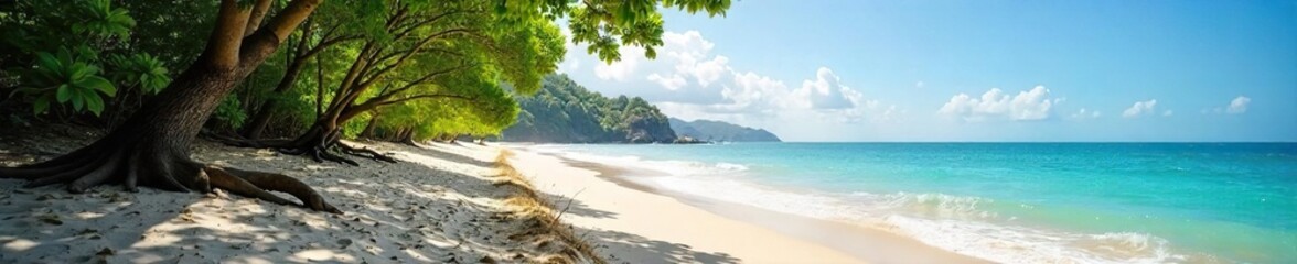 Serene Coastal Forest Sun-Dappled Sand, Lush Trees, Tranquil Ocean Waves