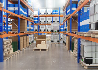 Warehouse interior. Fulfillment center. Logistics warehouse with barrels. Storage hangar for...