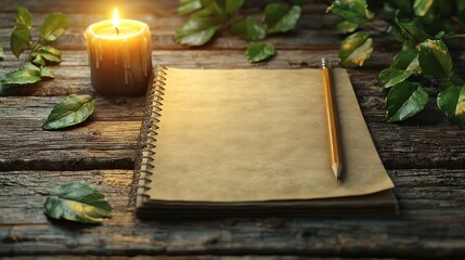 Candlelit scene, blank notebook & pencil on wood